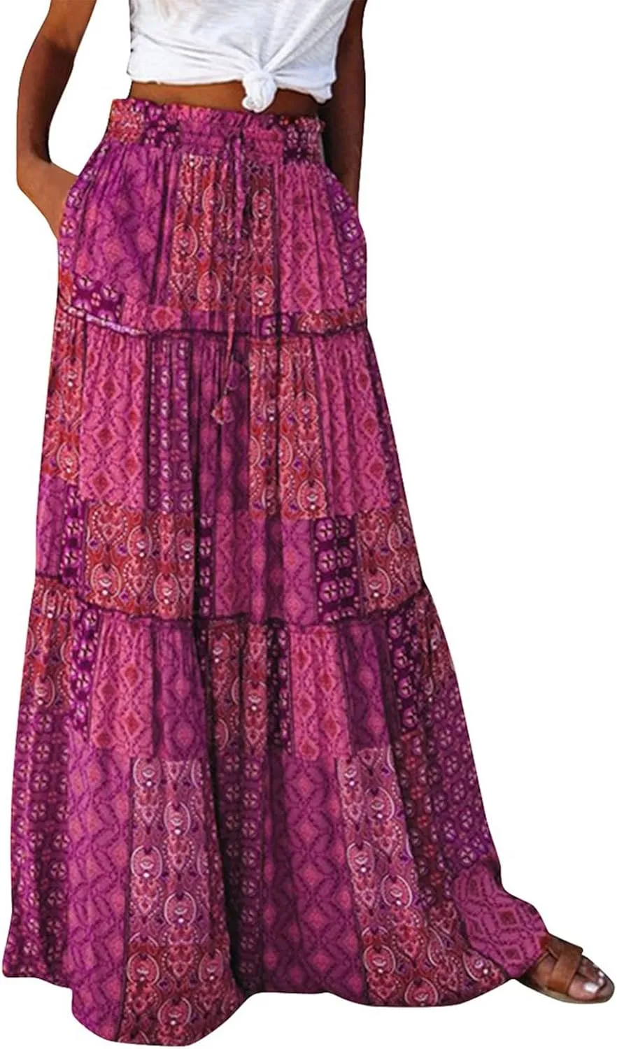 High Waisted Paisley Printed Women's Casual Maxi Skirt Bohemian Pleated Travel Long Skirt with Pockets