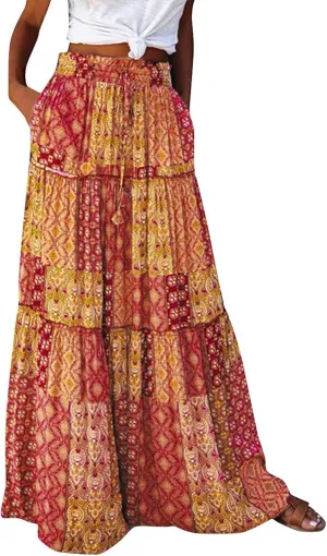 High Waisted Paisley Printed Women's Casual Maxi Skirt Bohemian Pleated Travel Long Skirt with Pockets