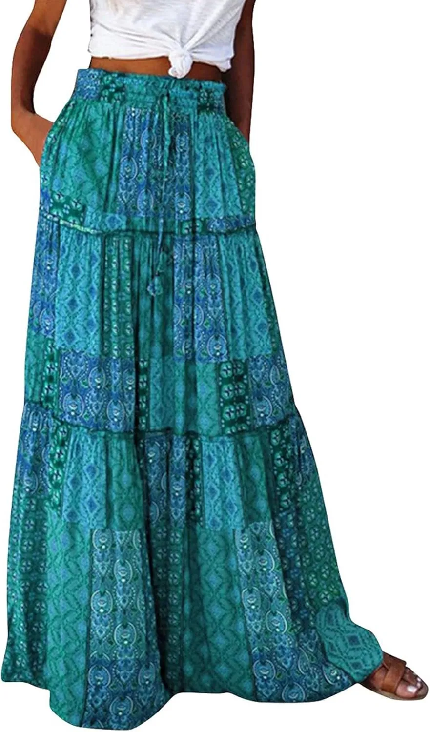 High Waisted Paisley Printed Women's Casual Maxi Skirt Bohemian Pleated Travel Long Skirt with Pockets