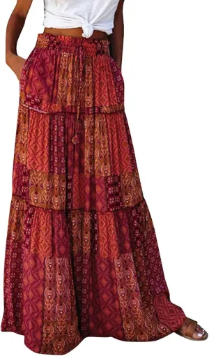 High Waisted Paisley Printed Women's Casual Maxi Skirt Bohemian Pleated Travel Long Skirt with Pockets