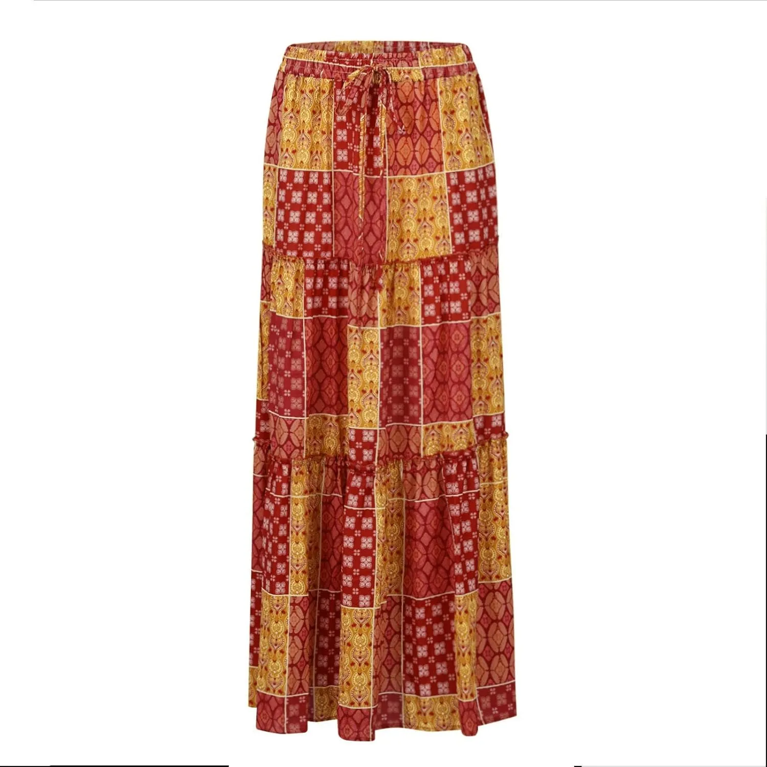 High Waisted Paisley Printed Women's Casual Maxi Skirt Bohemian Pleated Travel Long Skirt with Pockets
