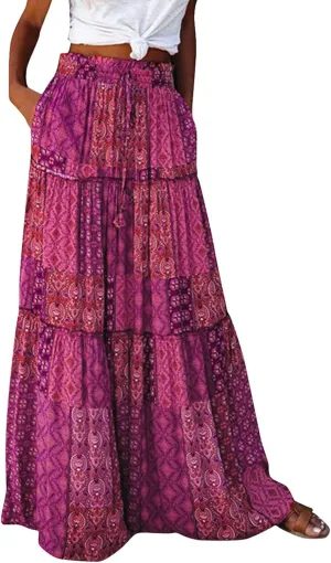 High Waisted Paisley Printed Women's Casual Maxi Skirt Bohemian Pleated Travel Long Skirt with Pockets