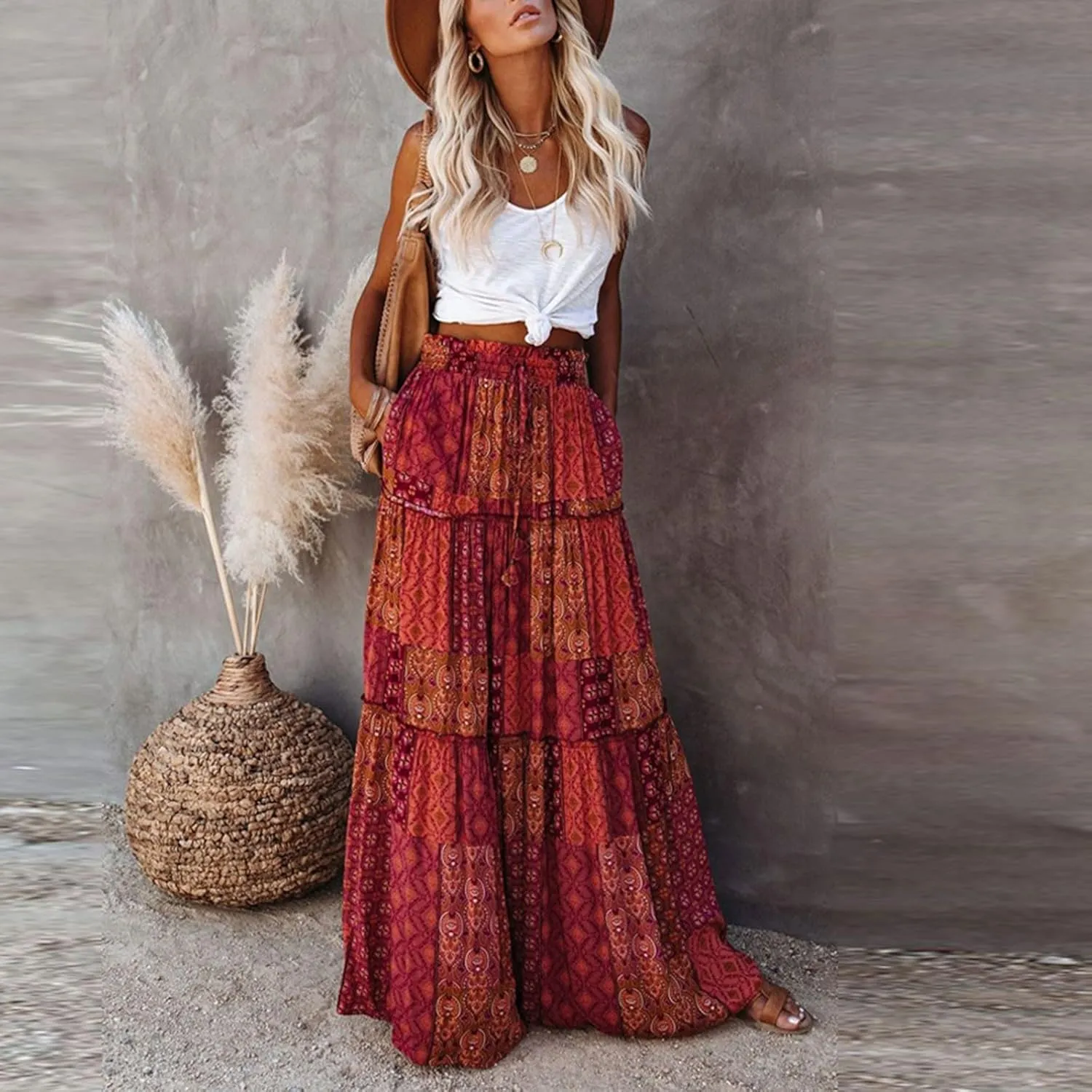 High Waisted Paisley Printed Women's Casual Maxi Skirt Bohemian Pleated Travel Long Skirt with Pockets