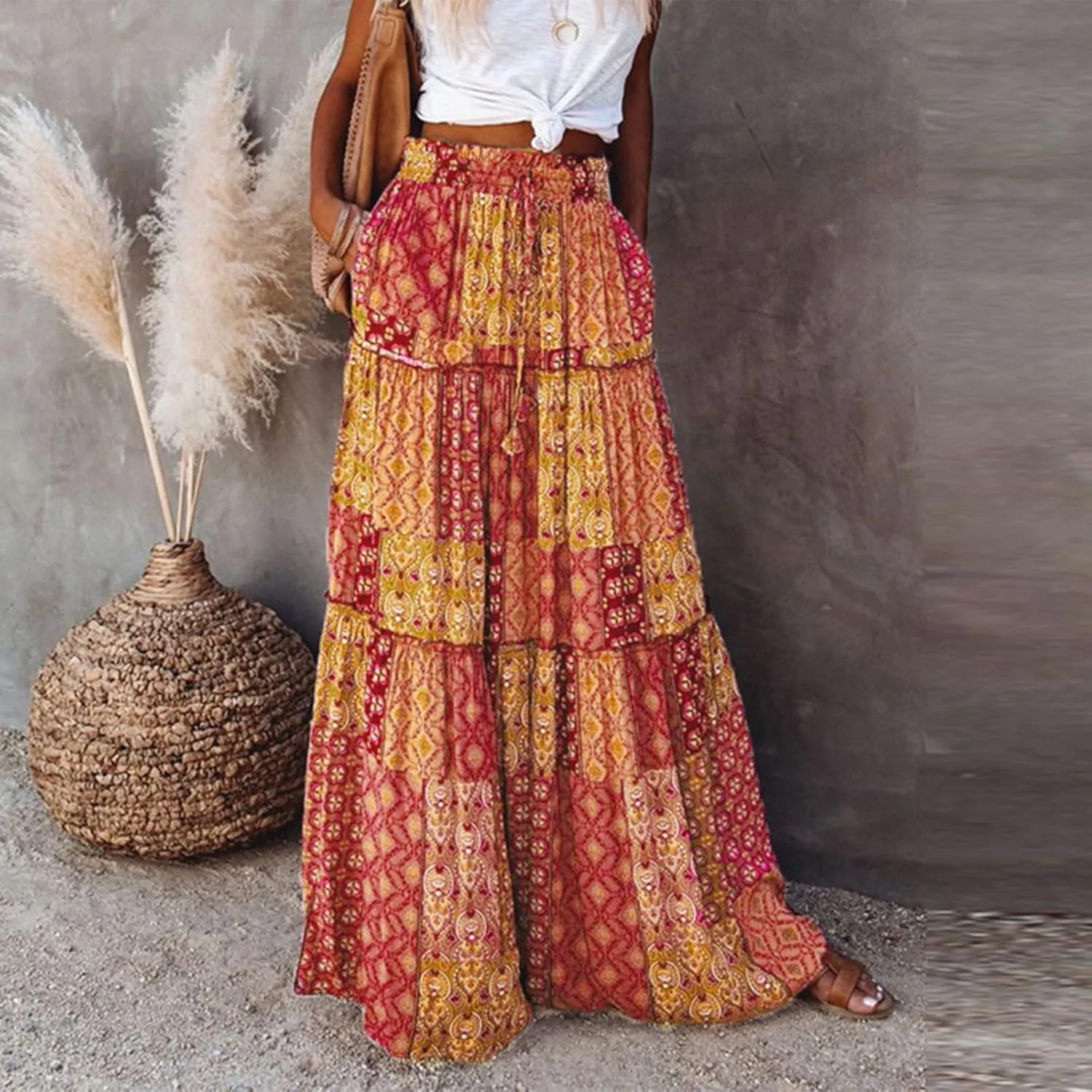 High Waisted Paisley Printed Women's Casual Maxi Skirt Bohemian Pleated Travel Long Skirt with Pockets
