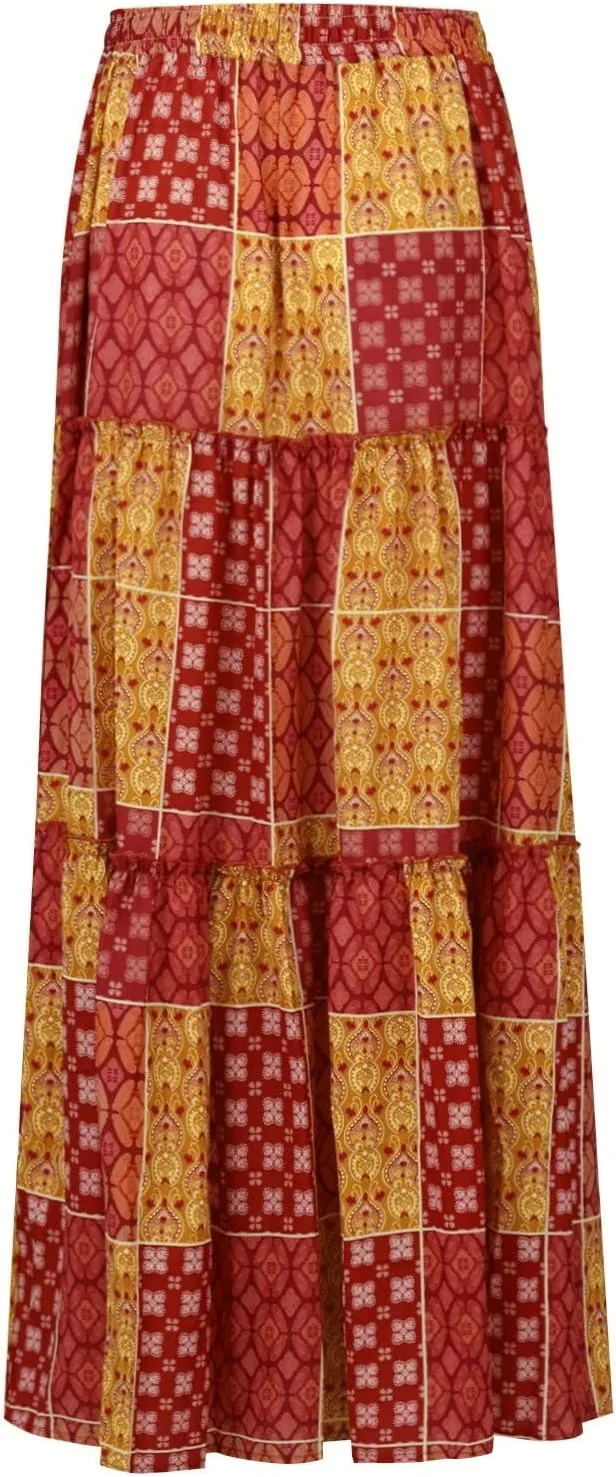 High Waisted Paisley Printed Women's Casual Maxi Skirt Bohemian Pleated Travel Long Skirt with Pockets