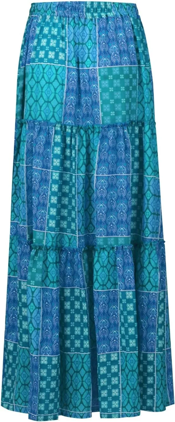 High Waisted Paisley Printed Women's Casual Maxi Skirt Bohemian Pleated Travel Long Skirt with Pockets