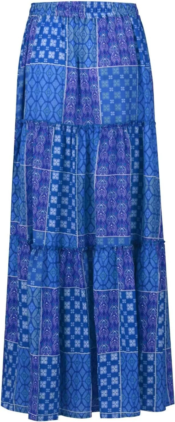 High Waisted Paisley Printed Women's Casual Maxi Skirt Bohemian Pleated Travel Long Skirt with Pockets