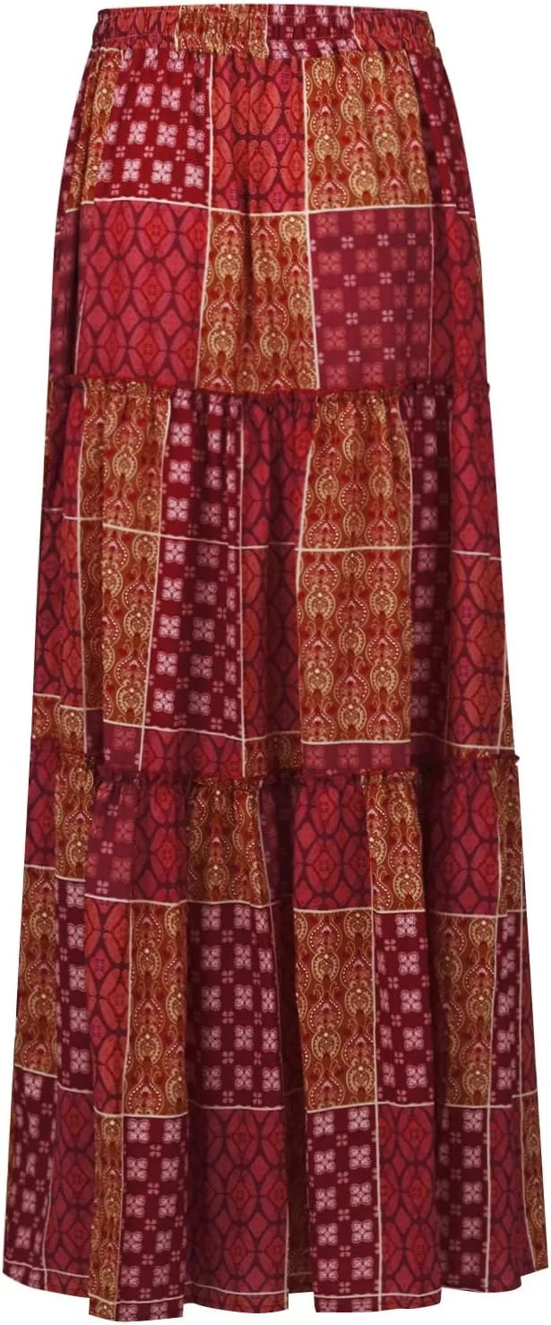 High Waisted Paisley Printed Women's Casual Maxi Skirt Bohemian Pleated Travel Long Skirt with Pockets