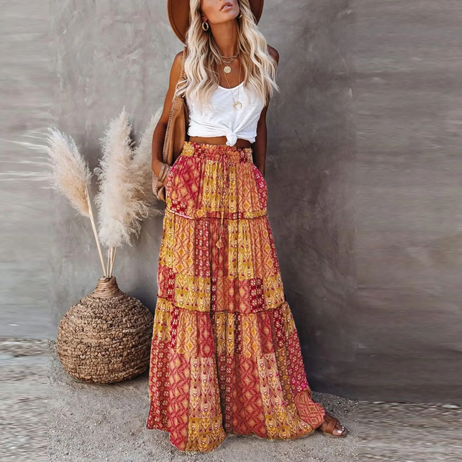 High Waisted Paisley Printed Women's Casual Maxi Skirt Bohemian Pleated Travel Long Skirt with Pockets