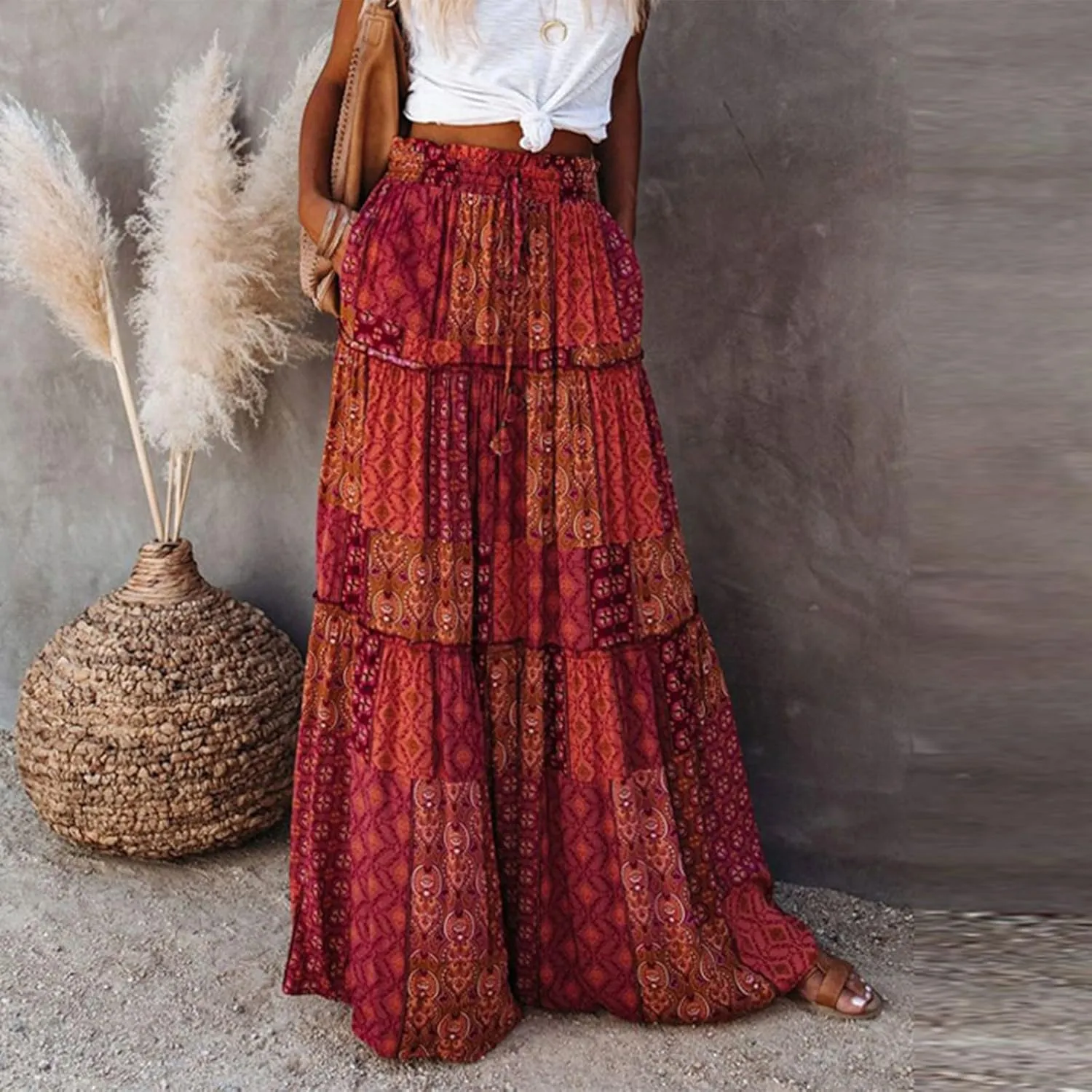 High Waisted Paisley Printed Women's Casual Maxi Skirt Bohemian Pleated Travel Long Skirt with Pockets