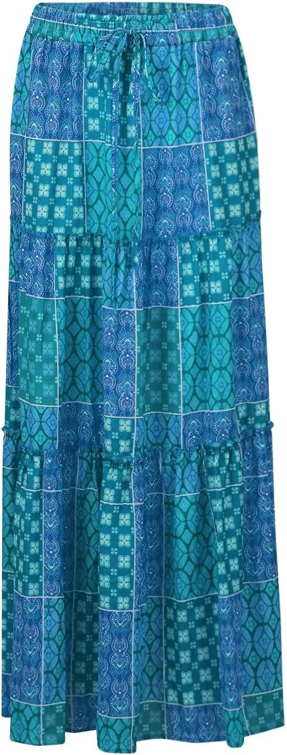 High Waisted Paisley Printed Women's Casual Maxi Skirt Bohemian Pleated Travel Long Skirt with Pockets