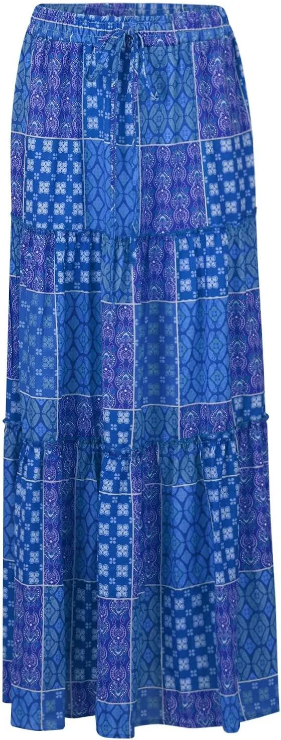 High Waisted Paisley Printed Women's Casual Maxi Skirt Bohemian Pleated Travel Long Skirt with Pockets
