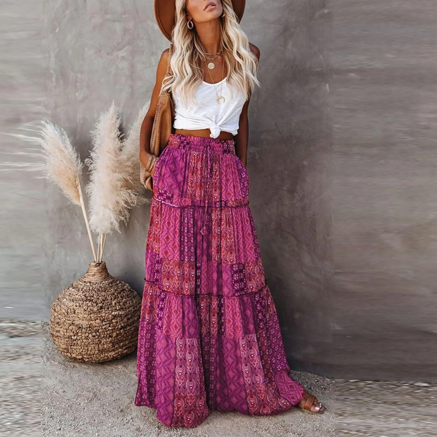 High Waisted Paisley Printed Women's Casual Maxi Skirt Bohemian Pleated Travel Long Skirt with Pockets