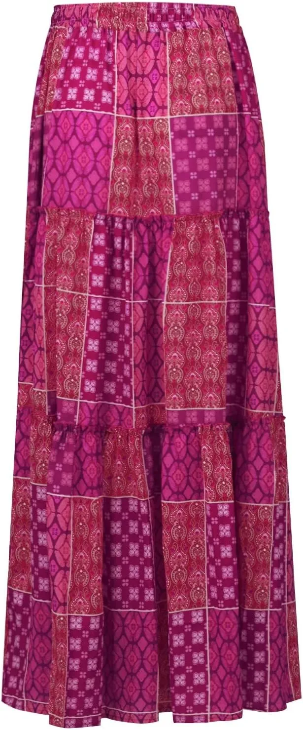 High Waisted Paisley Printed Women's Casual Maxi Skirt Bohemian Pleated Travel Long Skirt with Pockets
