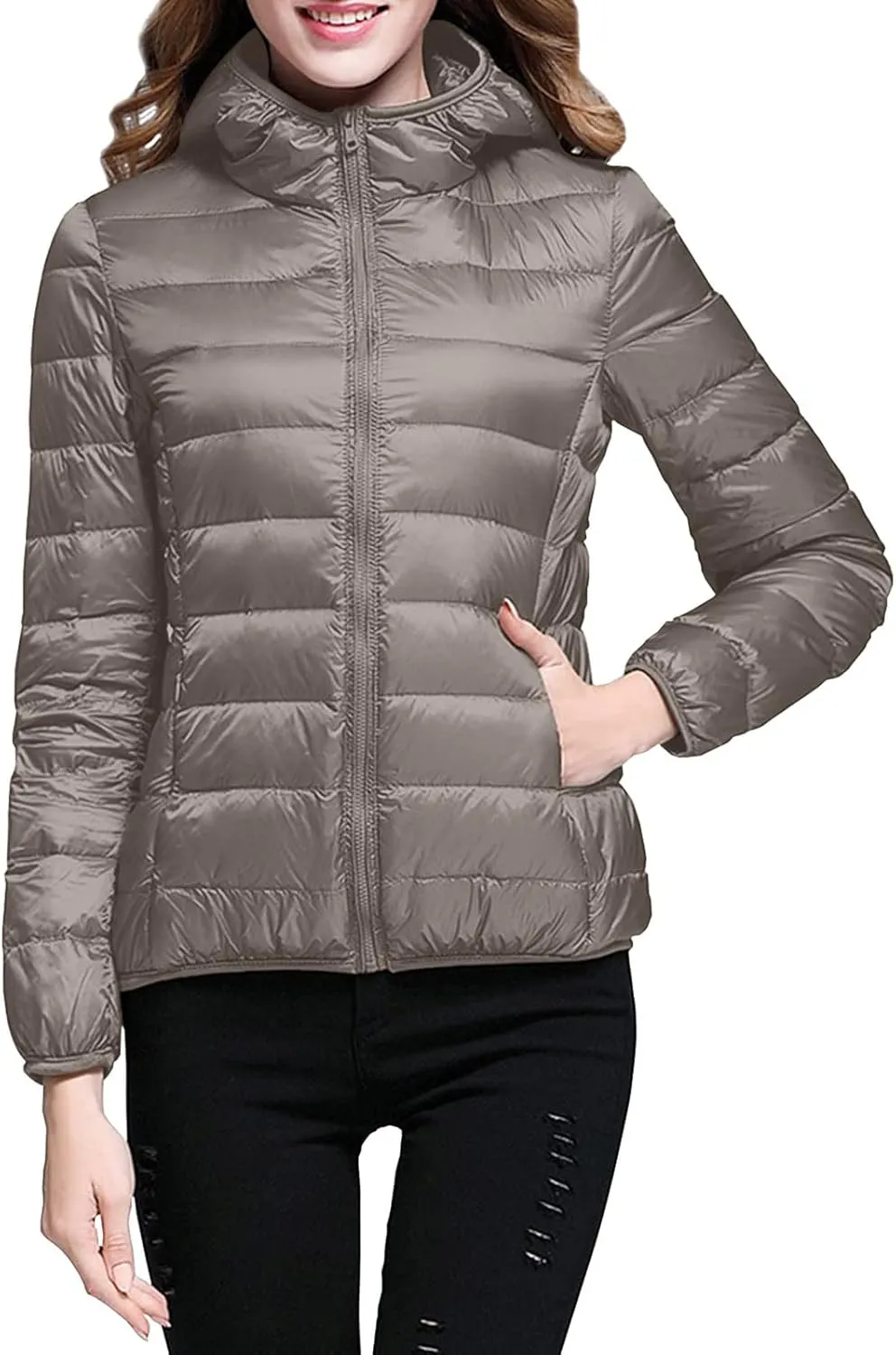 iLH Womens Cotton Padded Lightweight Coat Hooded Turtle Neck Full Zip Windbreaker Jackets For Women Leisure Thermal Coat