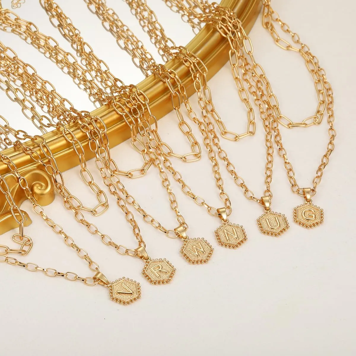 Initial Gold Necklaces for Women Delicate 14K Gold Plated Layered Initial Necklace Cute Hexagonal Alphabet A-Z Pendant Layered Necklace
