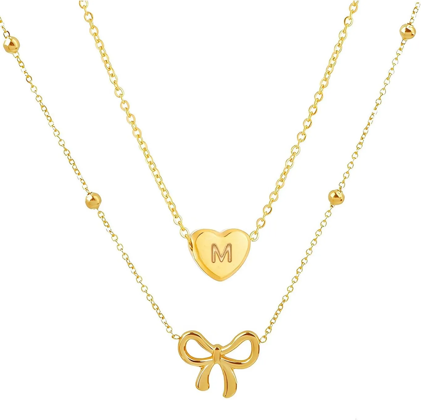 Initial Necklace for Women Layered Bow and Heart Necklace Non Tarnish Letter Necklace A-Z Trendy Gold Plated Necklace Cute Dainty Charm Jewelry