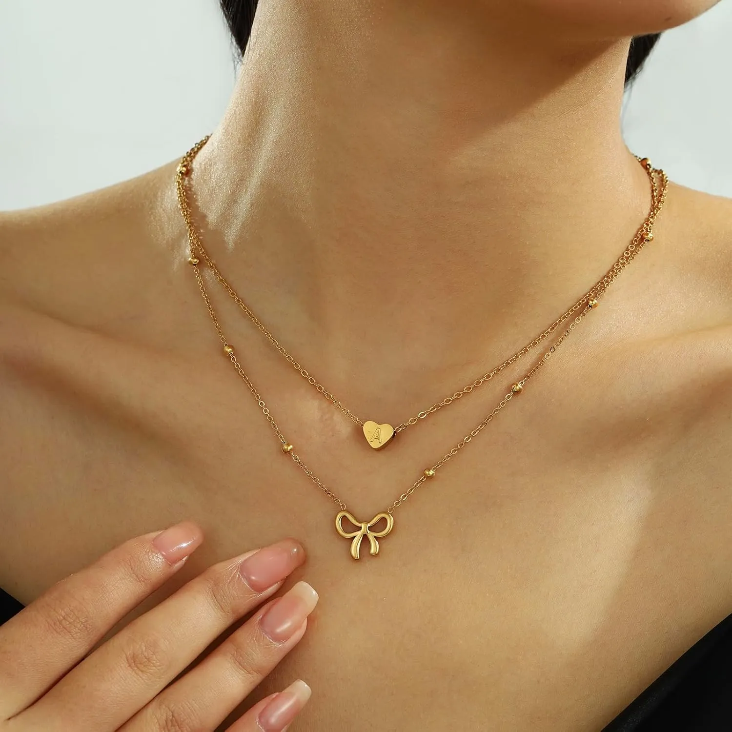Initial Necklace for Women Layered Bow and Heart Necklace Non Tarnish Letter Necklace A-Z Trendy Gold Plated Necklace Cute Dainty Charm Jewelry