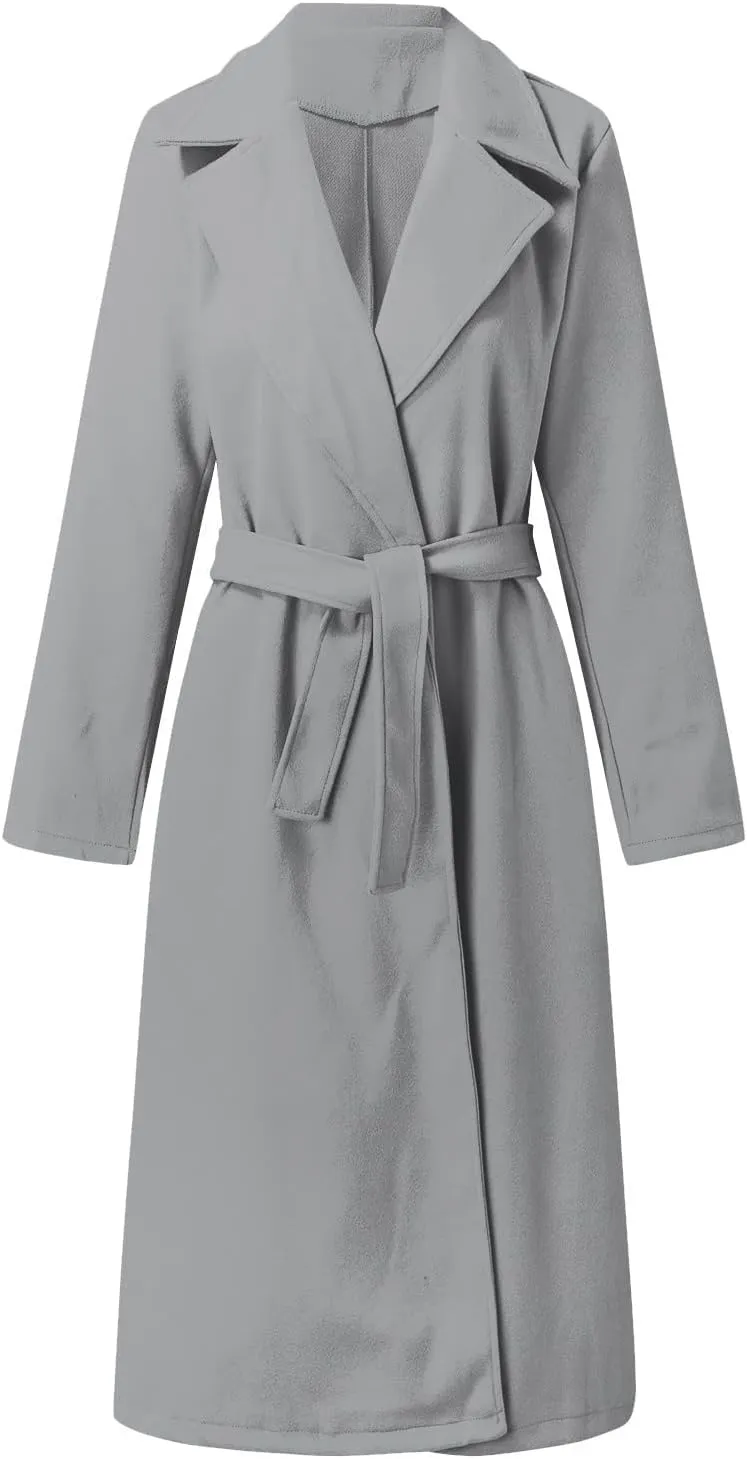 JEGULV Women Elegant Long Trench Coats Lightweight Open Front Solid Color Outwear Jackets Notched Lapel Collar Wool Pea Coats