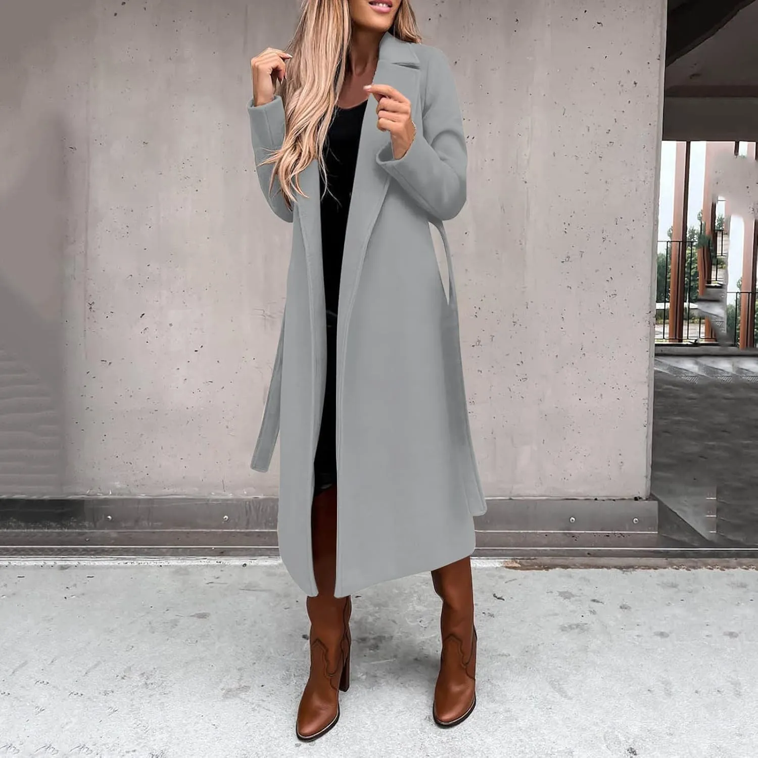 JEGULV Women Elegant Long Trench Coats Lightweight Open Front Solid Color Outwear Jackets Notched Lapel Collar Wool Pea Coats