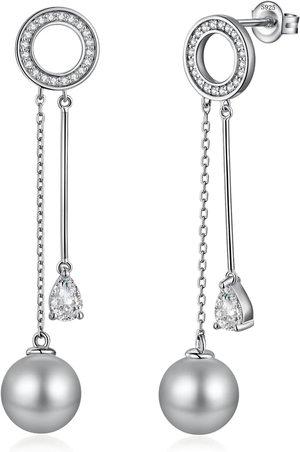 Jiamiaoi Pearl Diamond Earrings Sterling Silver Pearl Earrings White Gold Plated Pearl Earrings Dangle Fresh Water Pearl Drop Earrings Silver-White/Gray Pearl Earrings with Cubic Zirconia