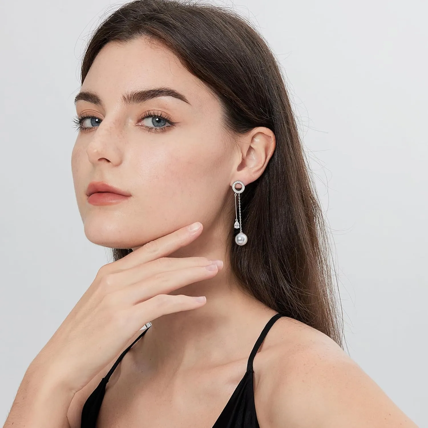 Jiamiaoi Pearl Diamond Earrings Sterling Silver Pearl Earrings White Gold Plated Pearl Earrings Dangle Fresh Water Pearl Drop Earrings Silver-White/Gray Pearl Earrings with Cubic Zirconia