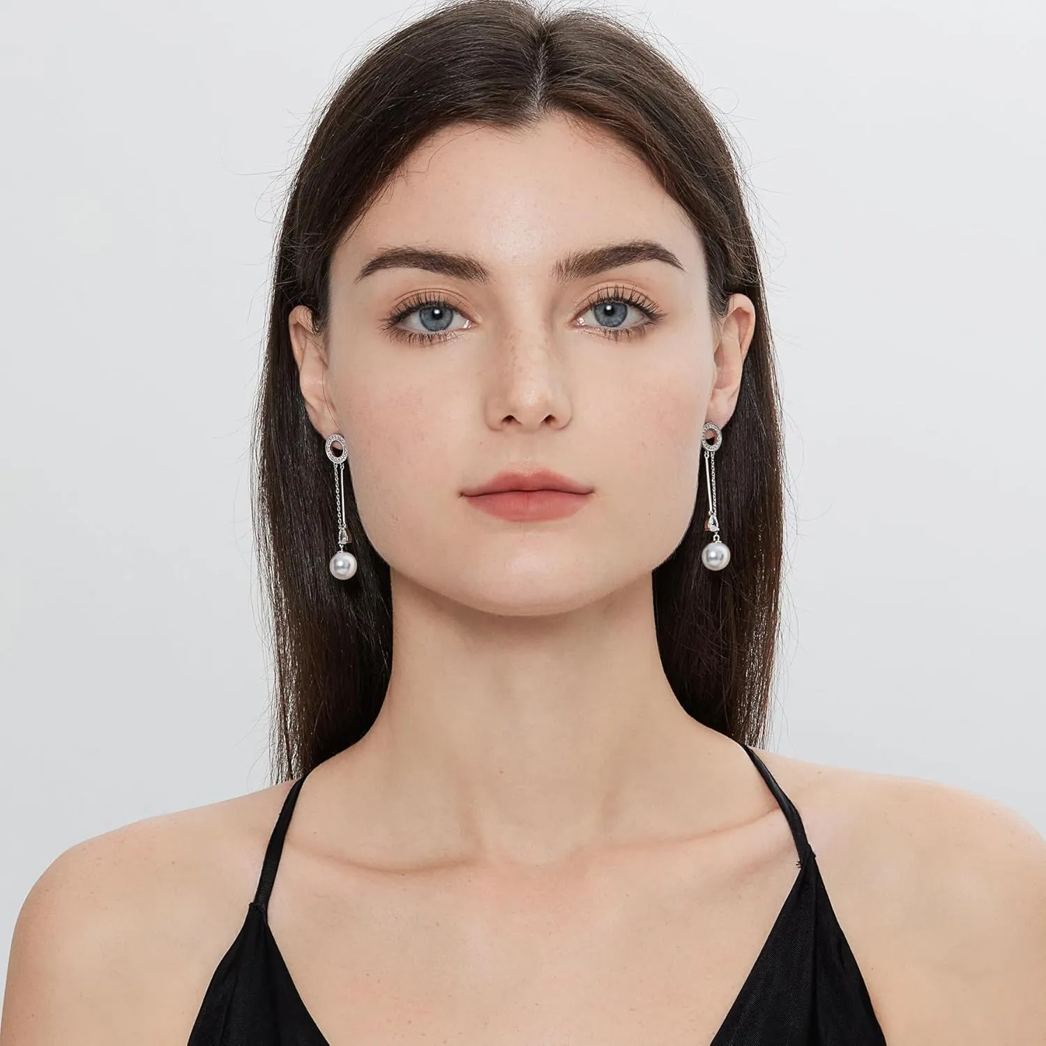 Jiamiaoi Pearl Diamond Earrings Sterling Silver Pearl Earrings White Gold Plated Pearl Earrings Dangle Fresh Water Pearl Drop Earrings Silver-White/Gray Pearl Earrings with Cubic Zirconia