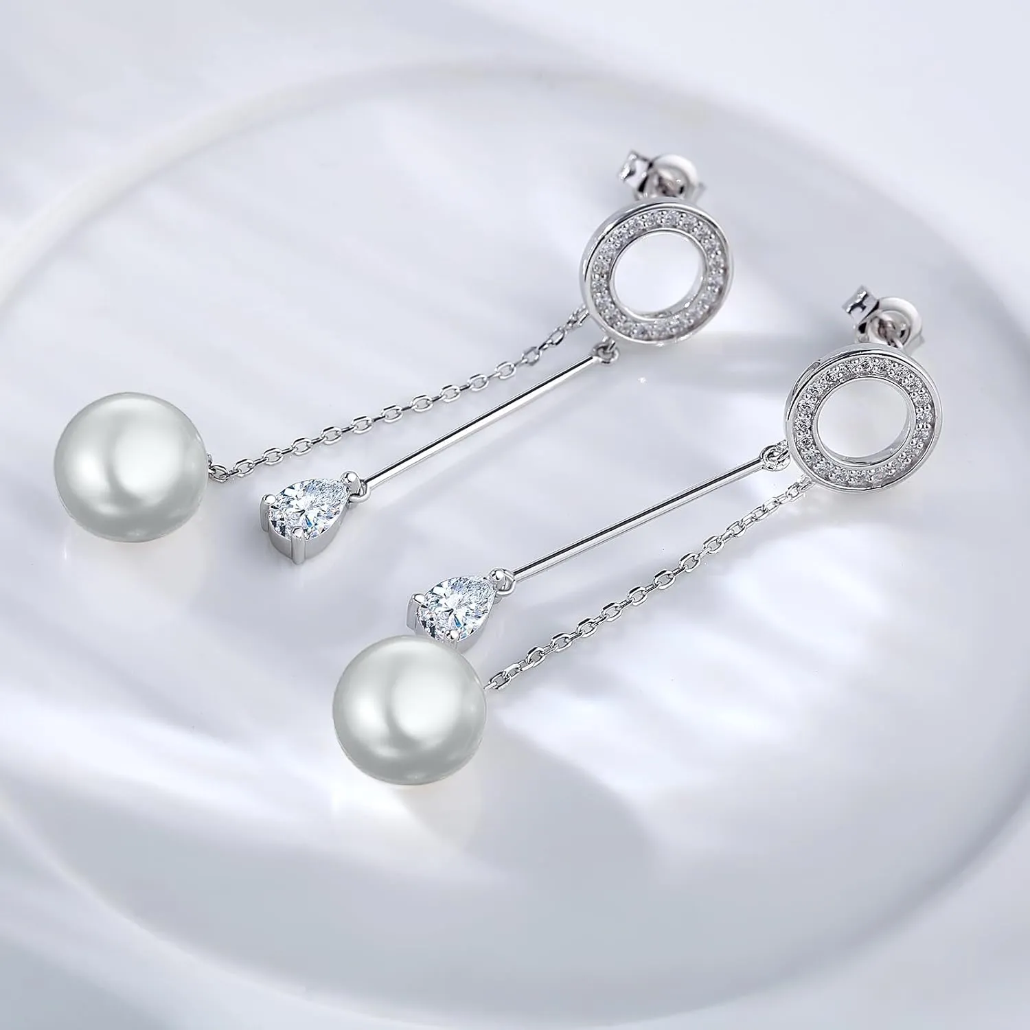 Jiamiaoi Pearl Diamond Earrings Sterling Silver Pearl Earrings White Gold Plated Pearl Earrings Dangle Fresh Water Pearl Drop Earrings Silver-White/Gray Pearl Earrings with Cubic Zirconia