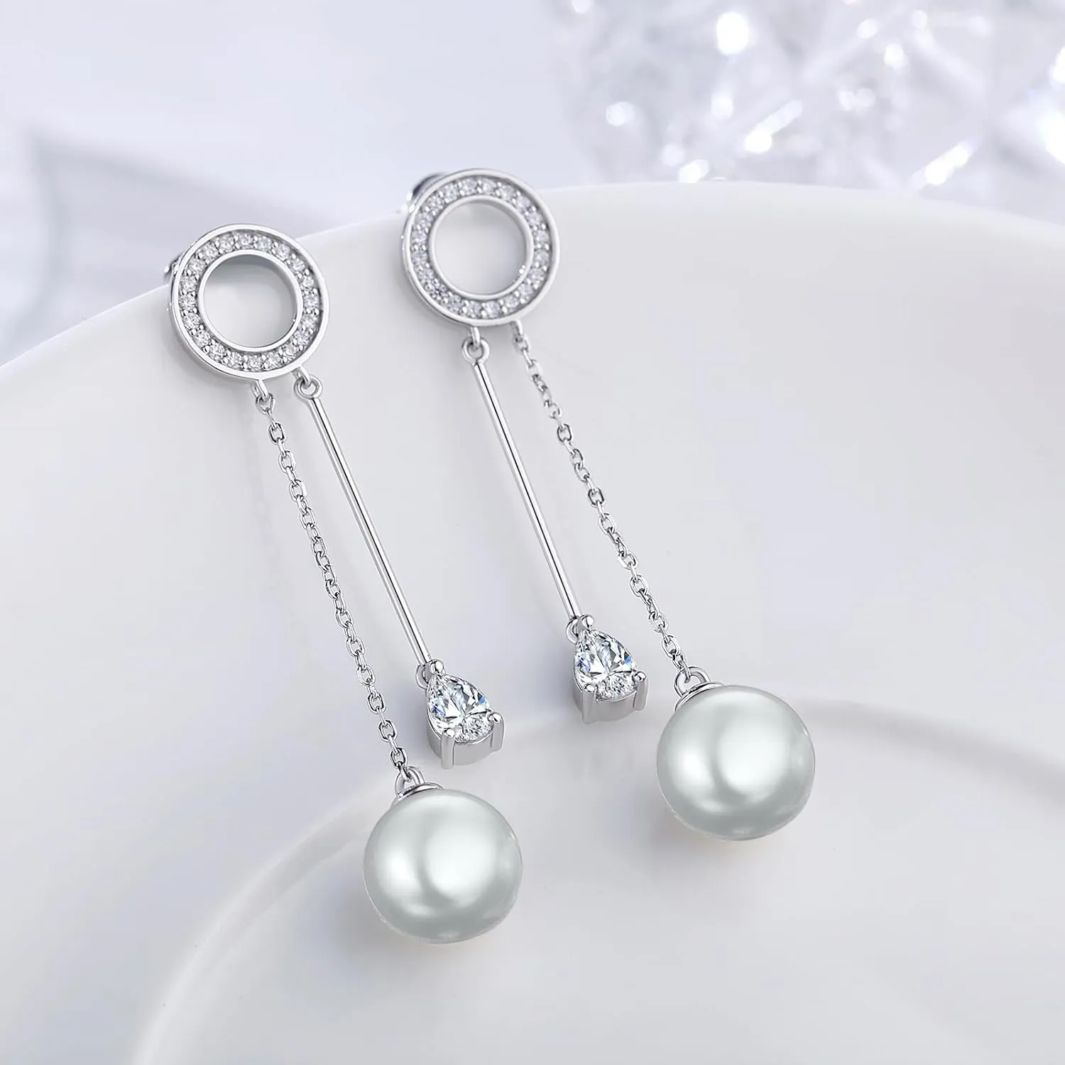 Jiamiaoi Pearl Diamond Earrings Sterling Silver Pearl Earrings White Gold Plated Pearl Earrings Dangle Fresh Water Pearl Drop Earrings Silver-White/Gray Pearl Earrings with Cubic Zirconia