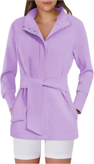 jsaierl Jackets for Women Belted Casual Long Sleeve Wrap Trench Coat 2024 Fall Trendy Button Up Lapel Dressy Outerwear