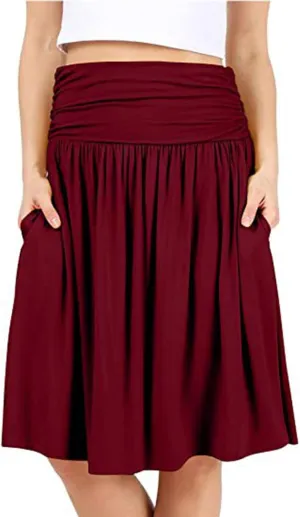 Knee Length Skirts for Women with Pocket Casual Pleated High Waisted Skirts Summer Flare Elegant A Line Beach Midi Skirt