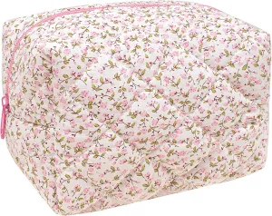 KOTORA Makeup Bag For Women - Corduroy Floral Cosmetic Bags Makeup pouch Vintage Aesthetic Cute Western Travel Toiletry Bag Organizer Makeup Brushes Storage Bag for Women (1-Pink)