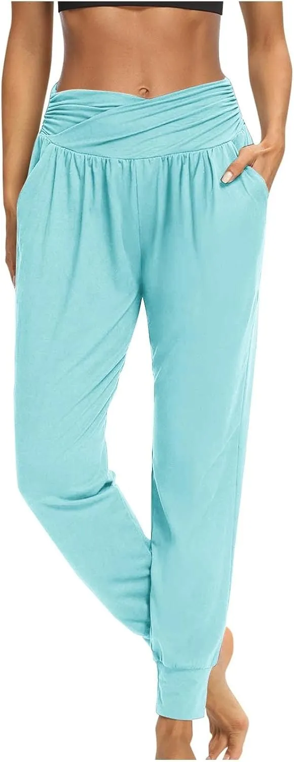 Ladies Harem Trousers Crossover Elastic High Waist Stretch Casual Yoga Pants Tapered Leg Lightweight Loungewear Sleep Pant