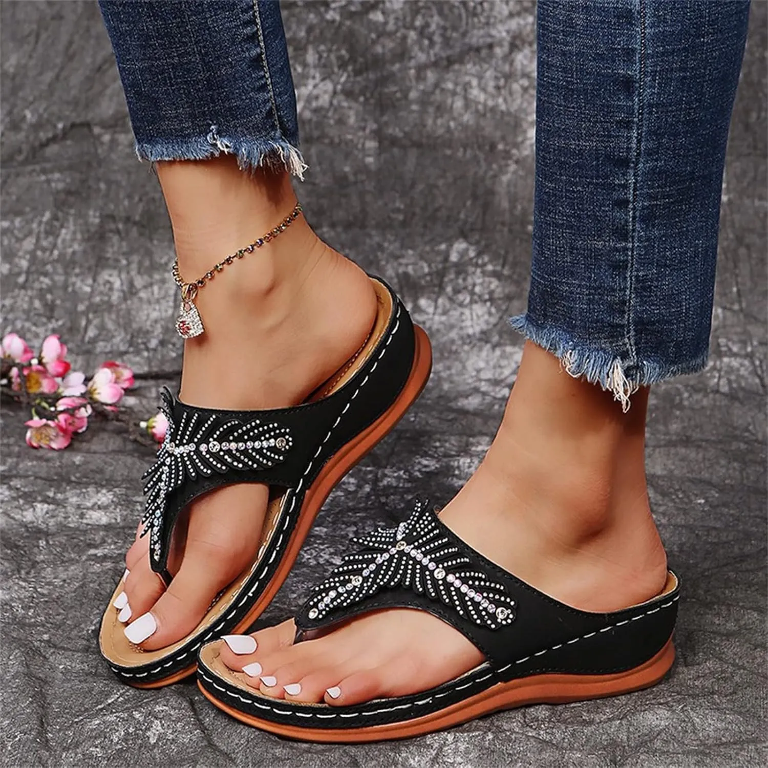 Ladmiple Sandals Women Dressy Summer Wedge Orthotic Walking Sandals Open Toe Arch Support Slides Comfort Orthopedic Flipflops