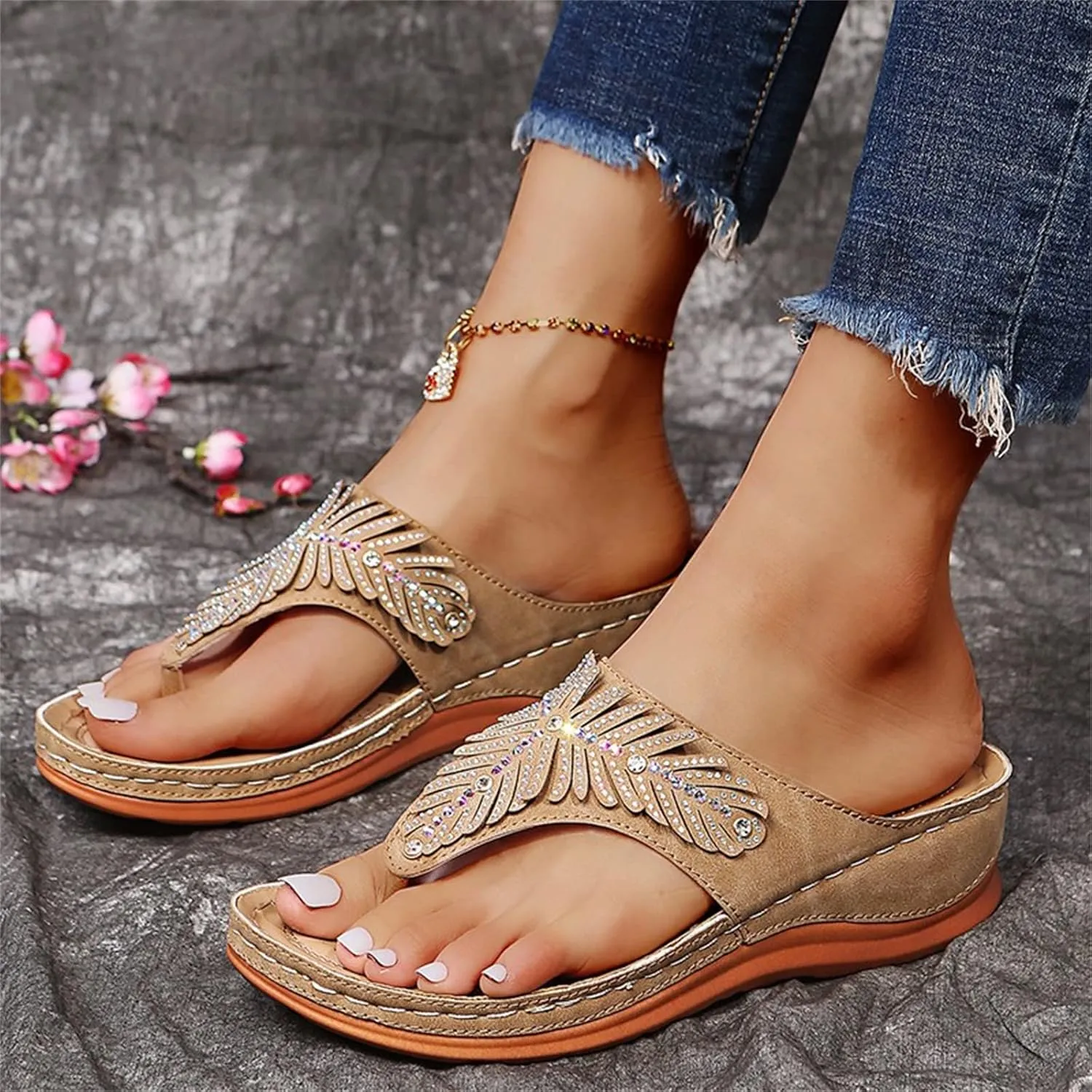 Ladmiple Sandals Women Dressy Summer Wedge Orthotic Walking Sandals Open Toe Arch Support Slides Comfort Orthopedic Flipflops