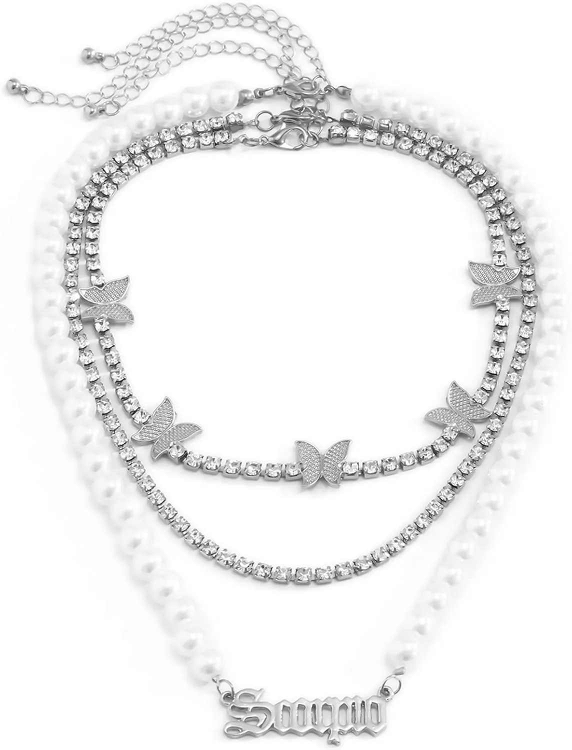 Layered Choker Necklace, Dainty Layered Necklaces for Women Letter Butterfly Rhinestones Pearl Pendant Chain Necklaces Jewelry Gifts, 3 Pieces, Silver
