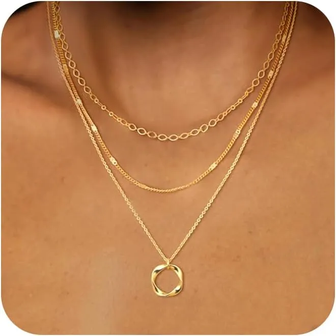 Layered Gold Necklaces for Women, Stackable 14K Gold Plated Dainty Necklace Simple Fashion Pendant Necklaces Trendy Jewelry Set Gifts