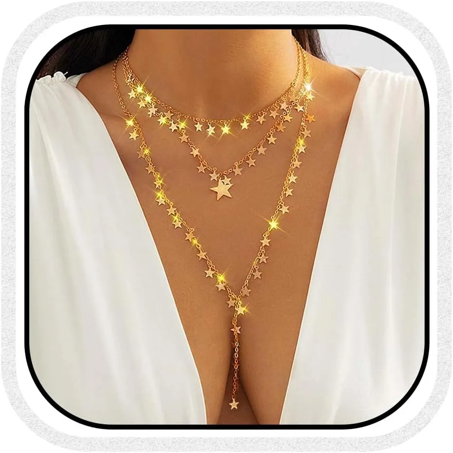 Layered Gold Star Necklaces Long Layering Choker Necklace Chain for Women