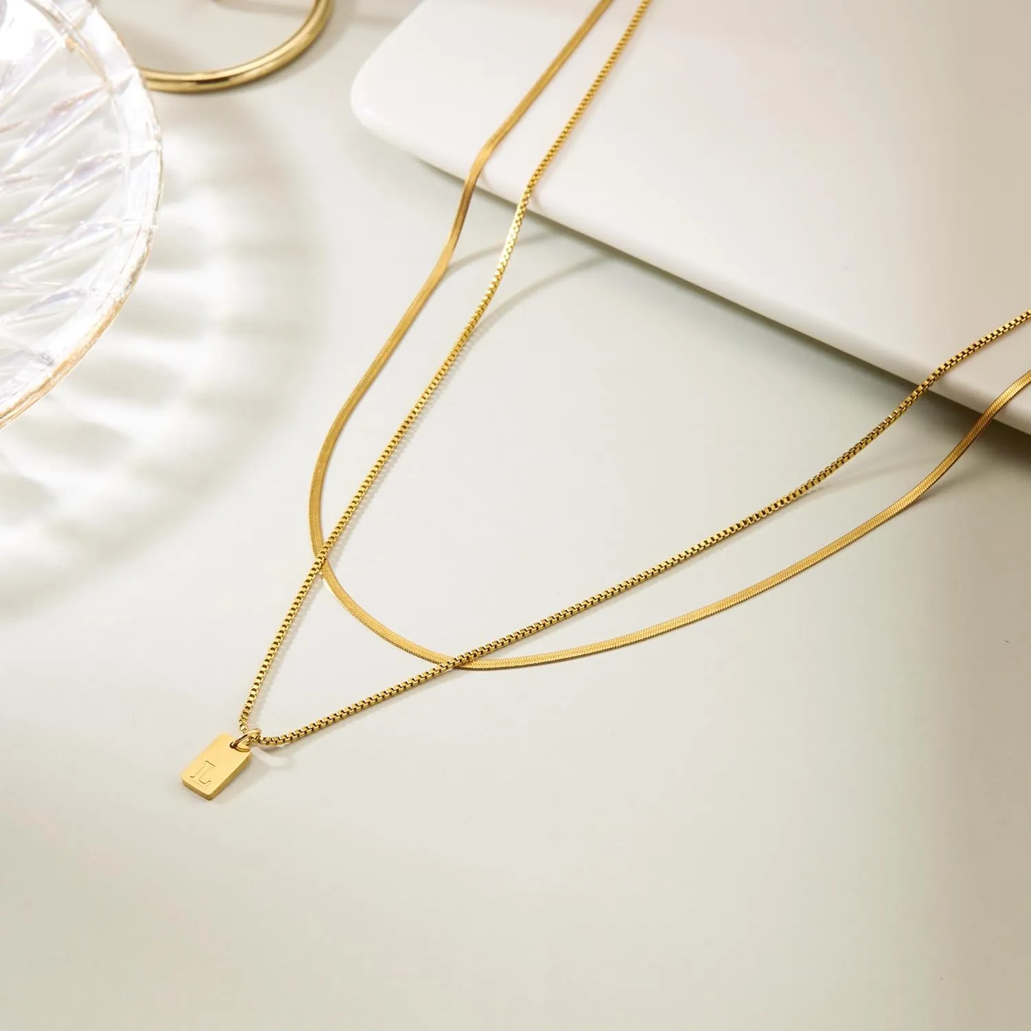 Layered Initial Necklaces for Women 14K Gold Plated Letter Necklace Tiny A-Z Dainty Gold Name Tag Pendant Necklace Layered Necklaces for Women Trendy Jewelry