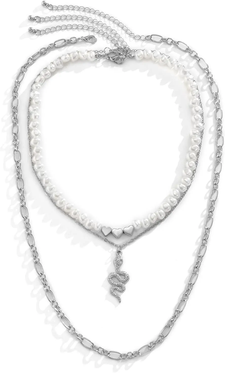 Layered Necklace for Women, Layered Necklaces for Women Snake Heart Pearl Pendant Chain Necklaces for Women Girls, 3 Pieces