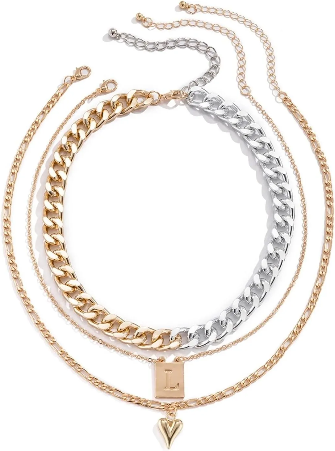 Layered Necklace Trendy, 3 Layered Necklaces for Women Pendant Necklaces Gold Silver Alloy Letter L Heart Design Friendship Jewelry