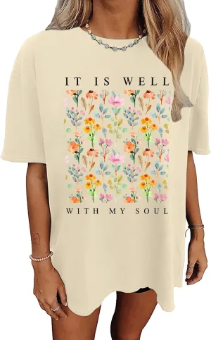 LAZYCHILD Christian Shirts for Women: Vintage Oversized Faith T-Shirt Bible Verse Graphic Tees Floral Religious Tops