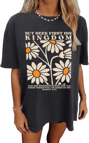 LAZYCHILD Christian Shirts for Women: Vintage Oversized Faith T-Shirt Bible Verse Graphic Tees Floral Religious Tops