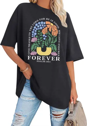 LAZYCHILD Christian Shirts for Women: Vintage Oversized Faith T-Shirt Bible Verse Graphic Tees Floral Religious Tops