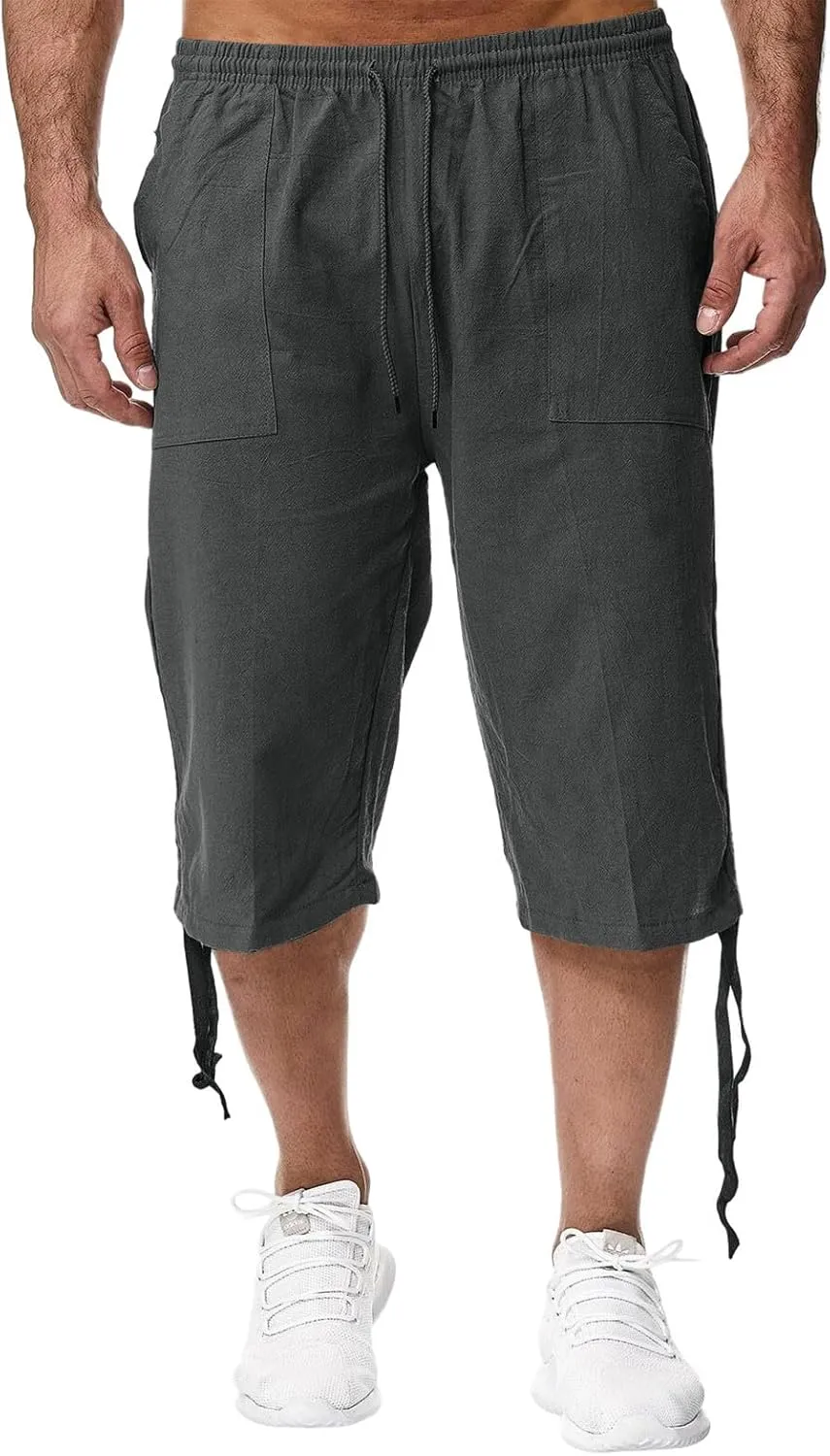 Linen Cropped Pants for Men Summer Lightweight Beach Capris Pants Elastic Waisted Wide Leg Lounge Capri Pant w/Pocket