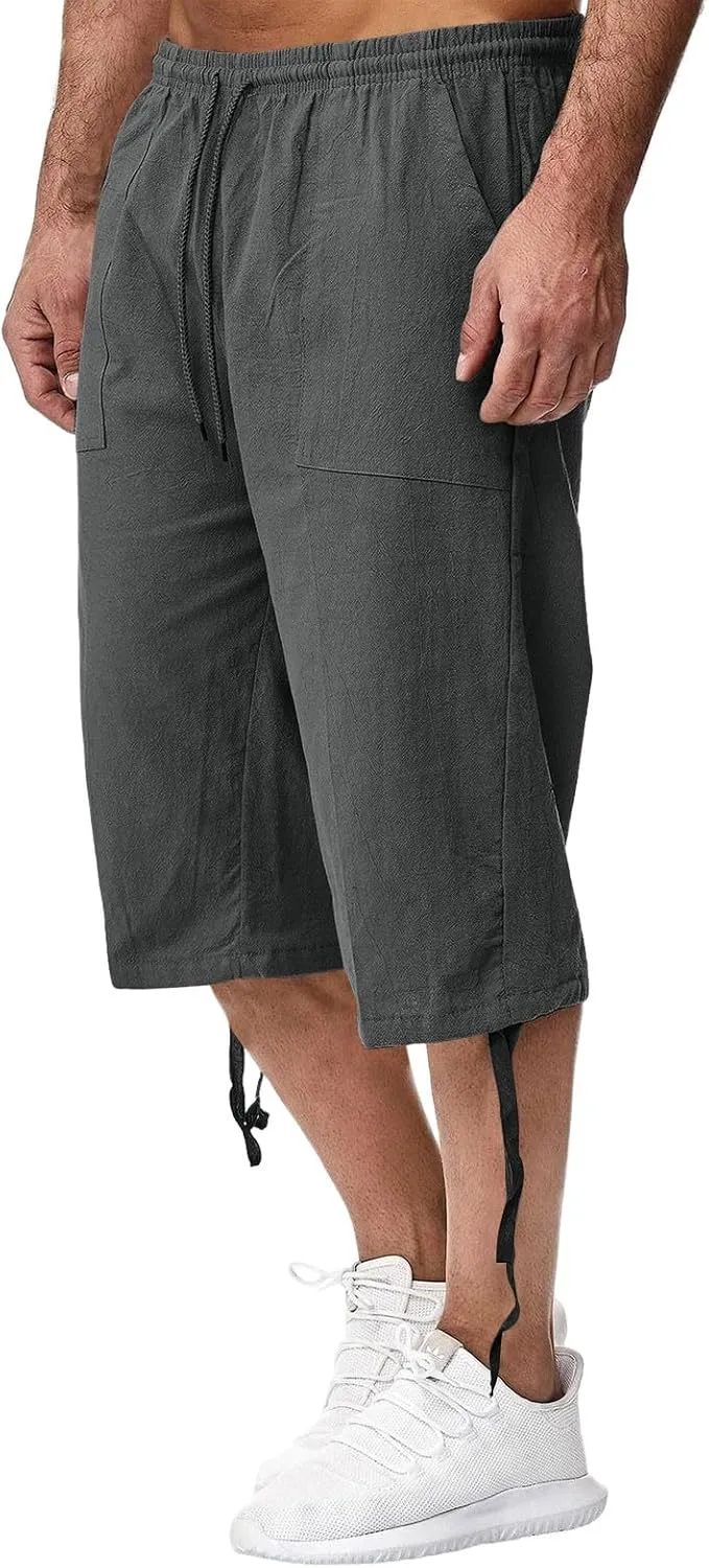 Linen Cropped Pants for Men Summer Lightweight Beach Capris Pants Elastic Waisted Wide Leg Lounge Capri Pant w/Pocket