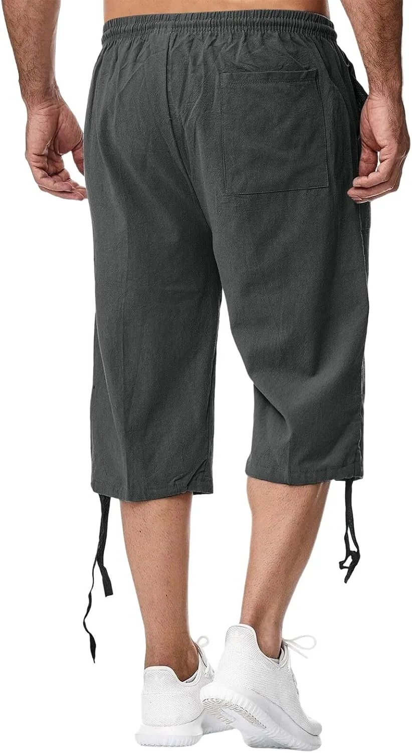 Linen Cropped Pants for Men Summer Lightweight Beach Capris Pants Elastic Waisted Wide Leg Lounge Capri Pant w/Pocket