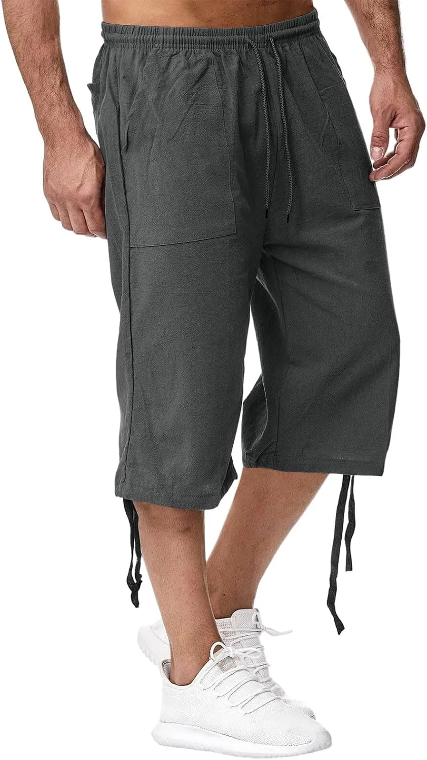 Linen Cropped Pants for Men Summer Lightweight Beach Capris Pants Elastic Waisted Wide Leg Lounge Capri Pant w/Pocket