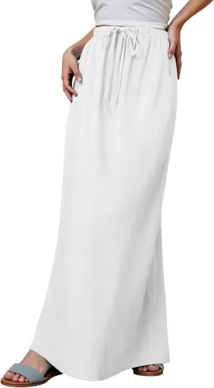 Linen Maxi Skirts for Women Trendy Summer Comfy Drawstring Waist A Line Skirts 2025 Vacation Boho Long Flowy Skirts