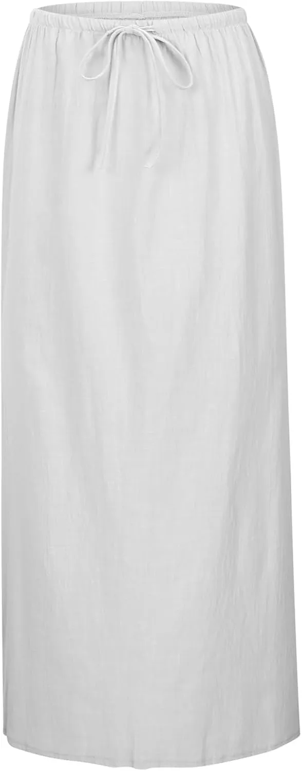 Linen Maxi Skirts for Women Trendy Summer Comfy Drawstring Waist A Line Skirts 2025 Vacation Boho Long Flowy Skirts